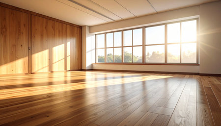 Empty room with large window and wooden wall. 3D rendering.の素材