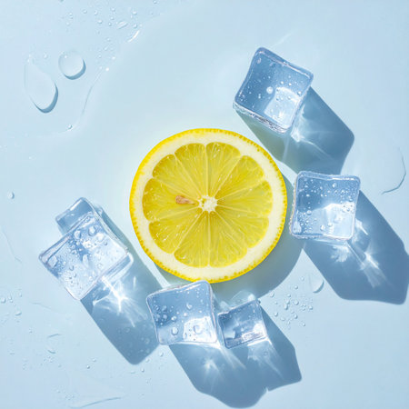 Lemon and ice cubes on a blue background. Top view.の素材