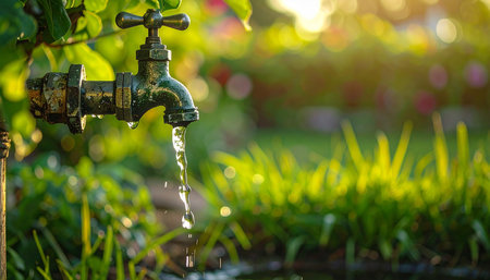 Water tap in the garden with sunlight and green grass background, selective focusの素材