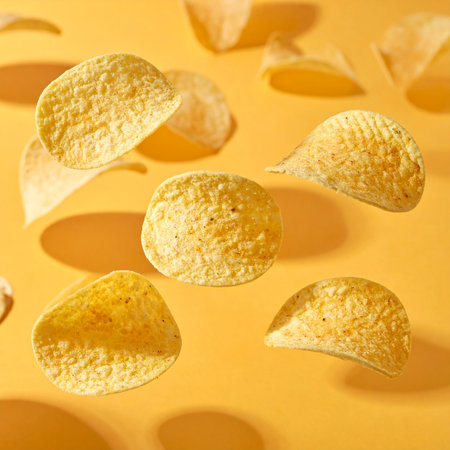 Crispy potato chips on yellow background. Snackfood conceptの素材