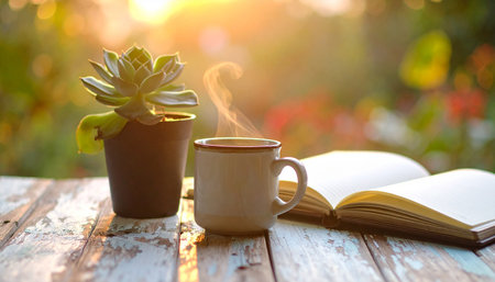 Coffee cup with succulent plant and open book on wooden tableの素材