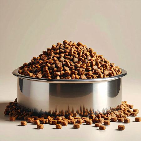 Dry cat food in a metal bowl on a white background.の素材
