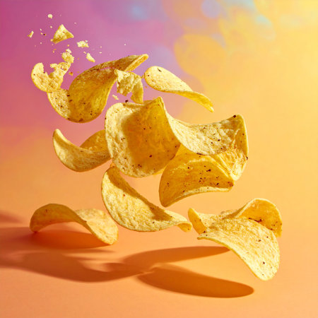 Potato chips flying in the air on a multicolored backgroundの素材