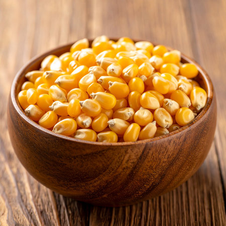 corn in a bowl on a wooden table, top view, verticalの素材