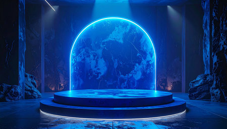 Blue neon abstract background with round podium and world map. 3D renderingの素材