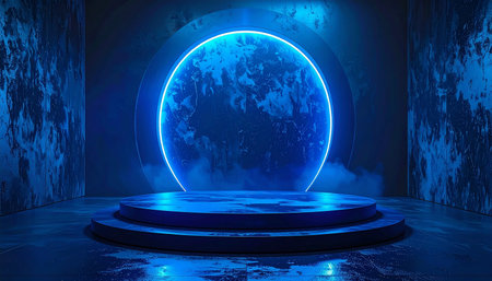 Abstract dark blue background with neon light, round podium, 3d renderingの素材