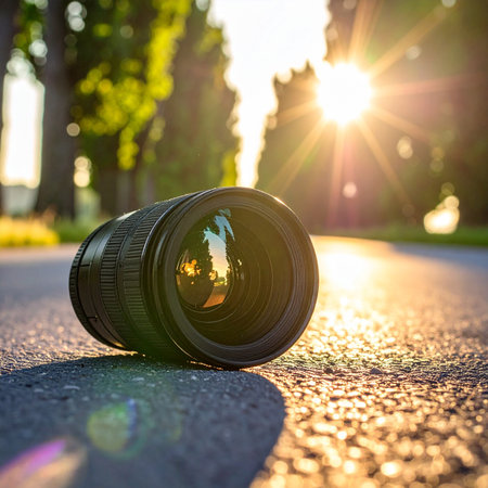 Camera lens on asphalt road at sunset. Shallow depth of fieldの素材