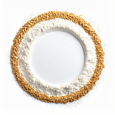White wheat flour and wheat ears on a white background, top viewの素材