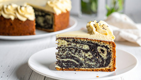 Poppy seed cake on white wooden background. Selective focus.の素材