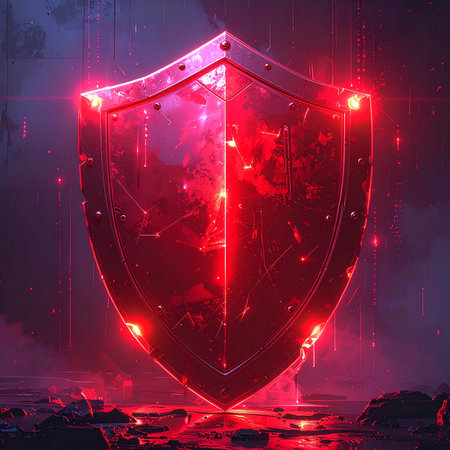 Glowing shield on a dark background with rays of light. 3d renderingの素材