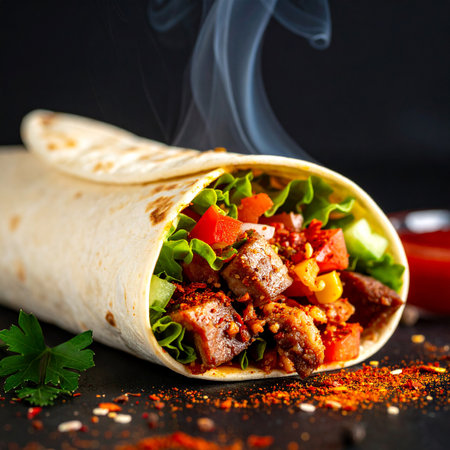 Tortilla wrap with meat, vegetables and spices on black backgroundの素材