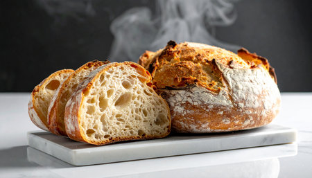 Freshly baked sourdough bread on a white marble board.の素材