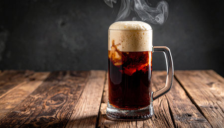 Mug of dark beer with foam and steam on a wooden tableの素材
