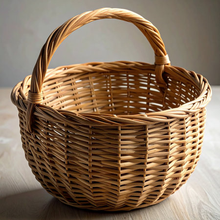 Wicker basket on a wooden background. Close-up. Selective focus.の素材