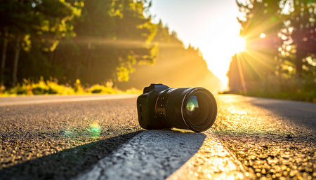 Camera on the asphalt road in the forest at sunset. Nature backgroundの素材