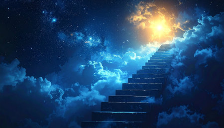 Staircase leading to heaven with light rays and clouds 3D renderingの素材