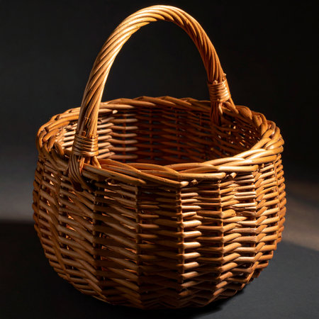 Wicker basket on black background. Basket with wicker handle.の素材