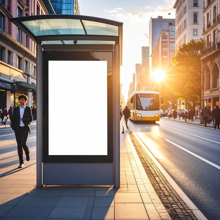 Blank advertising billboard on bus stop in city. 3d renderingの素材