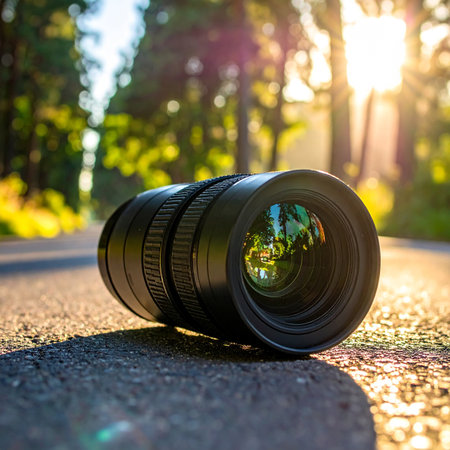 Camera lens on the road in the forest. Shallow depth of fieldの素材