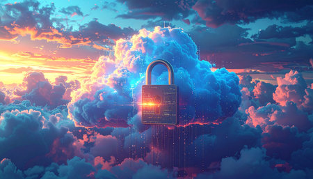 Padlock in the clouds. Cyber security concept. 3D renderingの素材