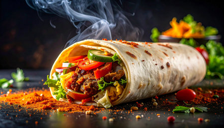 Tortilla wrap with meat, vegetables and spices on black backgroundの素材