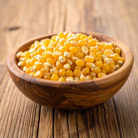 Corn in a bowl on a wooden background. Selective focus.の素材
