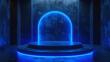 Neon blue round podium in dark room. 3D rendering.の素材