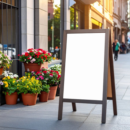 Blank white signboard mockup on city street with flowers.の素材
