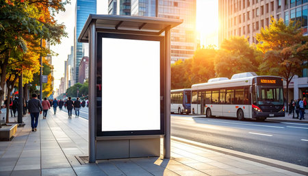 Blank billboard on bus stop in city at sunset. Public transportation concept.の素材
