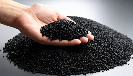 Pile of black sesame seeds in hand on white background.の素材