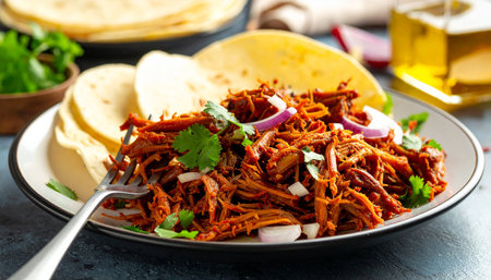 Spicy pulled pork with onion and tortilla chips. Mexican food.の素材
