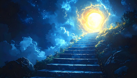 Stairway to heaven with bright sun and blue sky. 3D renderingの素材