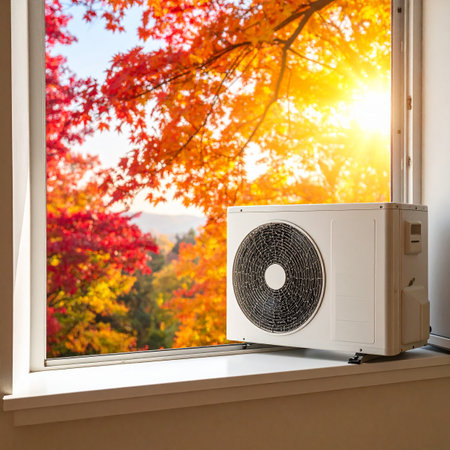 Air conditioner on the windowsill in the autumn season with colorful maple leavesの素材