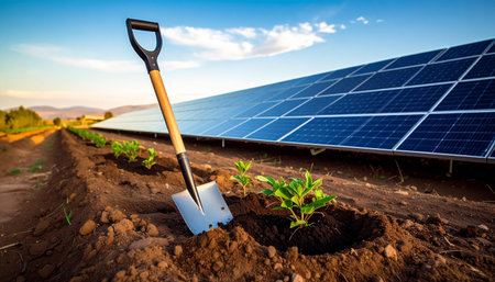 solar panels and shovel in the field, concept of renewable energyの素材