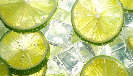 Slices of lime and ice cubes on a white background.の素材