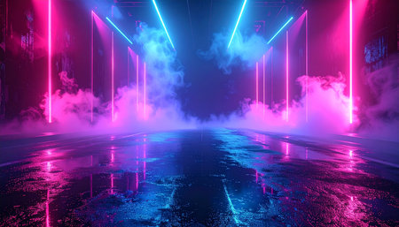 abstract scene with neon lights and smoke, 3d render illustrationの素材