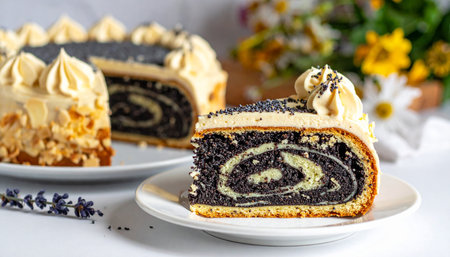 Poppy seed roll cake on a white background. Selective focus.の素材