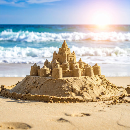 Sandcastle on the beach at sunset. Travel and vacation concept.の素材