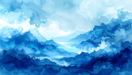 Abstract watercolor background with mountains and blue sky. Digital art painting.の素材