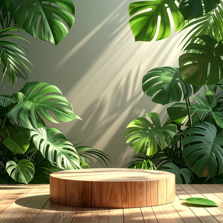 Wooden podium on the background of tropical plants. 3d renderingの素材