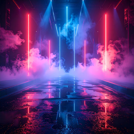 Futuristic corridor with neon lights and smoke, 3d renderingの素材