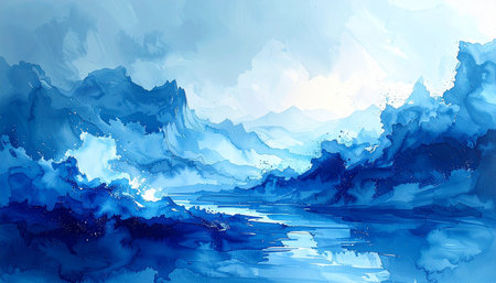 Blue watercolor background with mountains and lake. Digital art painting.の素材