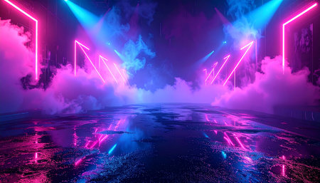 abstract scene with neon lights and smoke, 3d render illustrationの素材