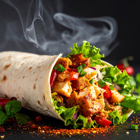 Tortilla wrap with chicken meat, vegetables and spices on black backgroundの素材
