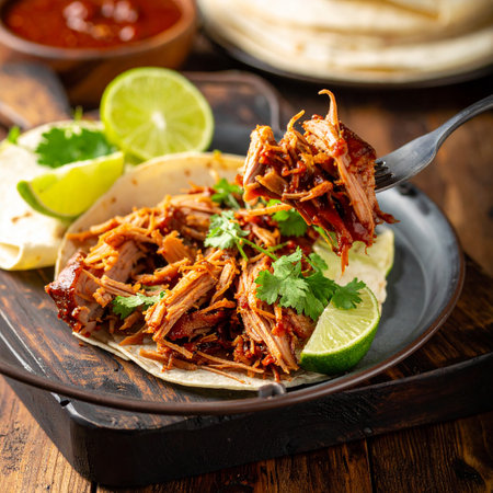Traditional mexican tacos with pulled pork and lime on wooden backgroundの素材