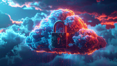 Cloud computing security concept. 3D rendering cloud with lock on dark sky backgroundの素材