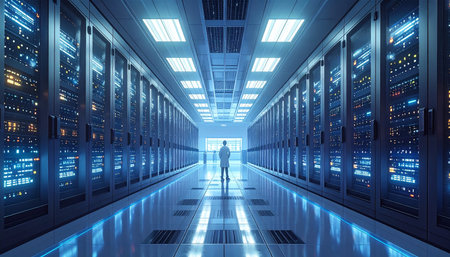 3D rendering of a server room with a man in front of itの素材