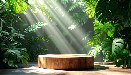 Wooden podium for product presentation in tropical jungle. 3D renderingの素材
