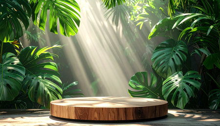 Wooden podium in tropical jungle. 3d render illustration mock upの素材