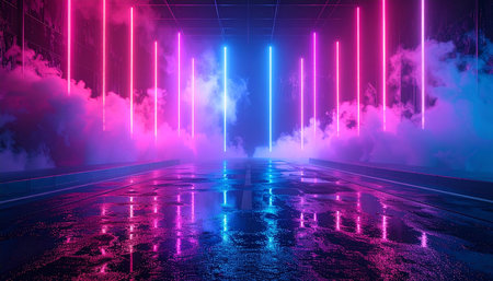 3d rendering of abstract futuristic background with neon lights and spotlightsの素材
